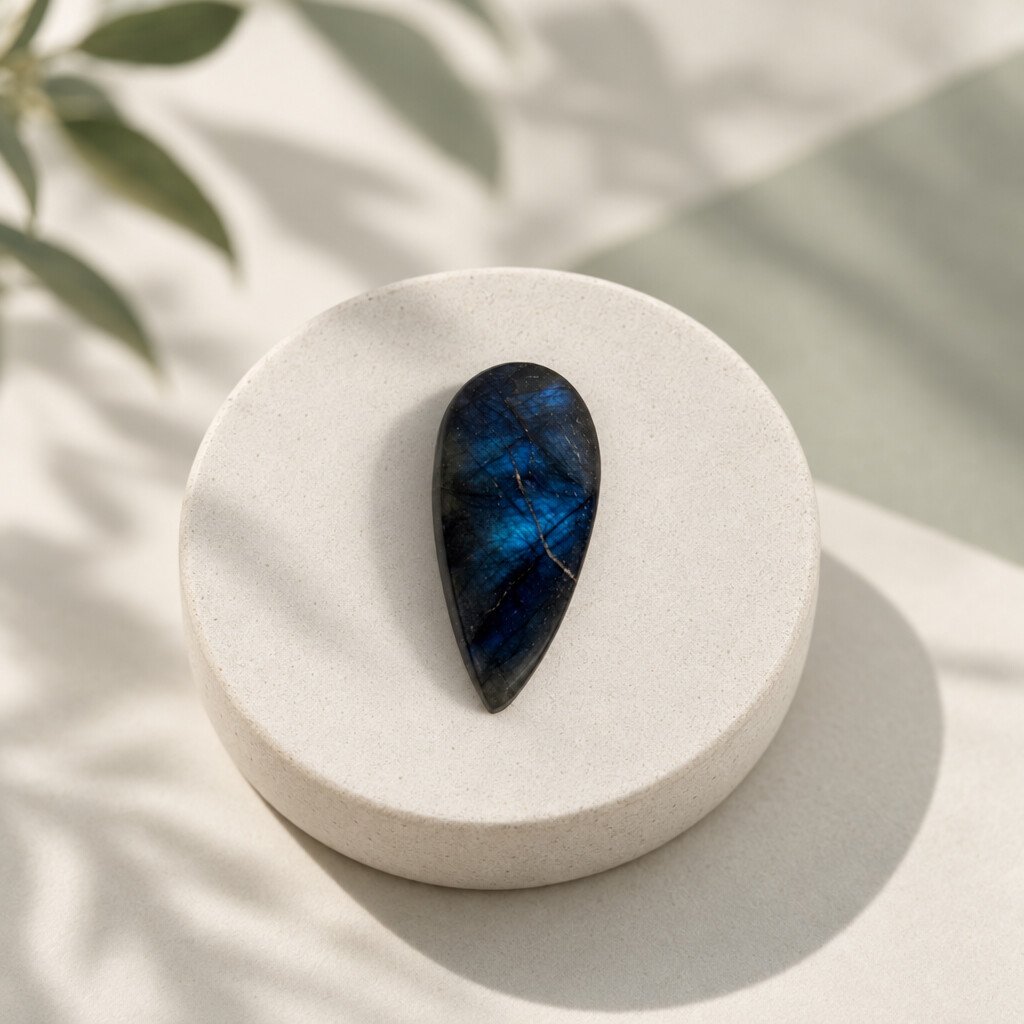 Labradorīta kabohons 1×4 cm, skats 2