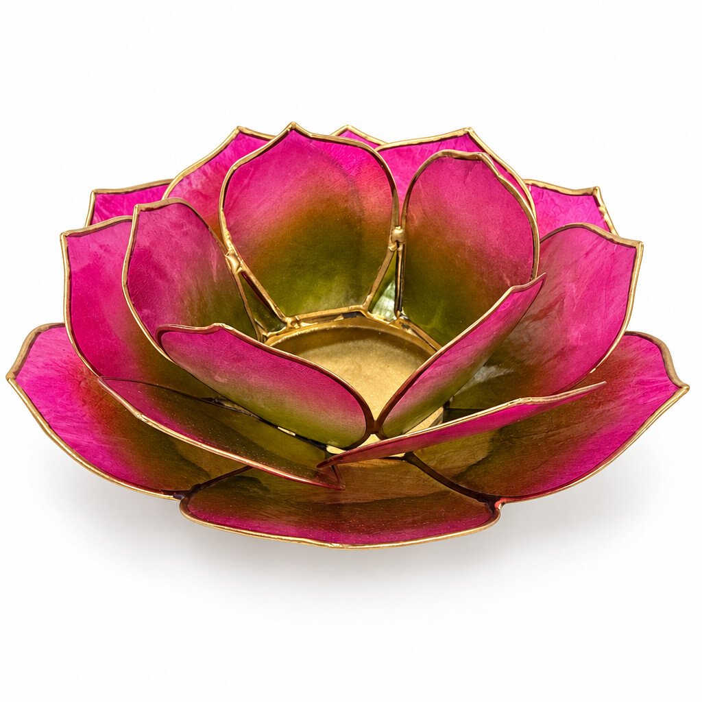 Lotuso žvakidė, žalia ir rožinė su auksiniais kraštais ≈13,5 × 5,5 cm
